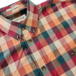 Orvis Button Up Shirt Plaid Checkered Long Sleeve Fall Men's XL Orange Red Green